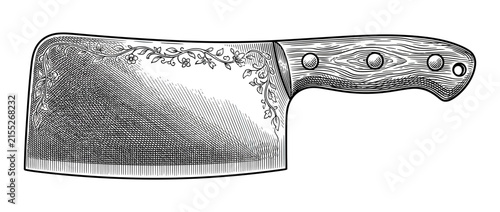 Engraved Meat Cleaver with Wooden Handle Isolated