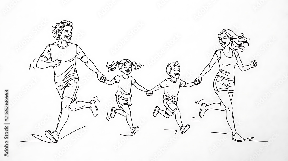 Fototapeta premium Happy Family Running Together Holding Hands Line Art Illustration on White Background