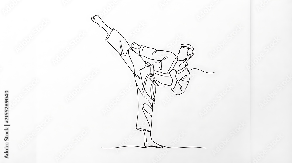 Fototapeta premium Minimalist One Line Drawing of a Karate Fighter Performing a High Kick in Martial Arts Pose