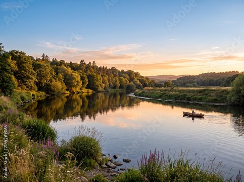 Calm river landscape with blue sky and gentle water at golden hour