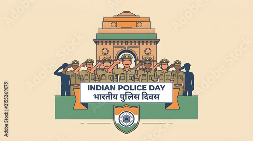 Illustration of Indian police officers saluting in front of the India Gate monument for Indian Police Day.
