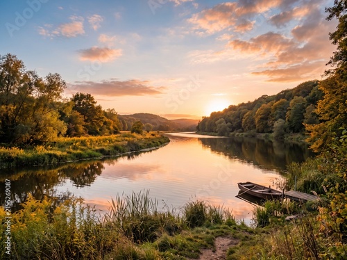 Calm river landscape with blue sky and gentle water at golden hour