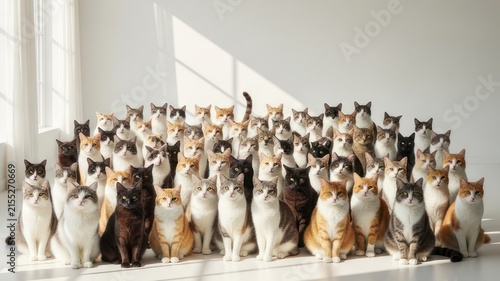 Large Group of Diverse Cats in Bright Room