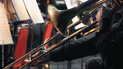 Canvas Print Closeup of trombone player during symphony orchestra performance
