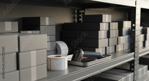 Barcode scanner and label rolls on shelf in modern warehouse storage