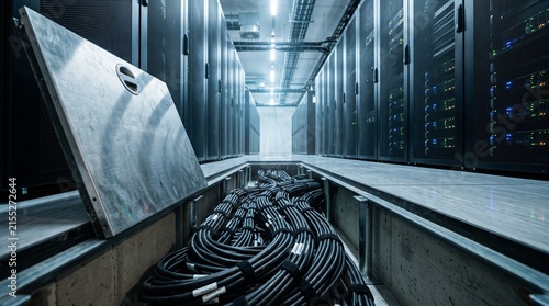 Server Room Cables: A meticulous arrangement of network cables lies within an open floor access panel in a modern data center, surrounded by towering server racks and illuminated by cool.