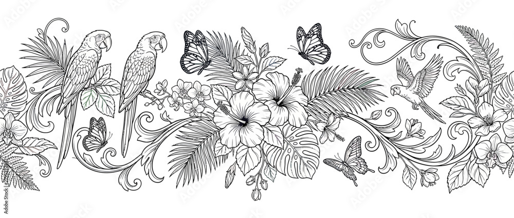 Fototapeta premium Tropical Border with Parrots, Flowers, and Butterflies