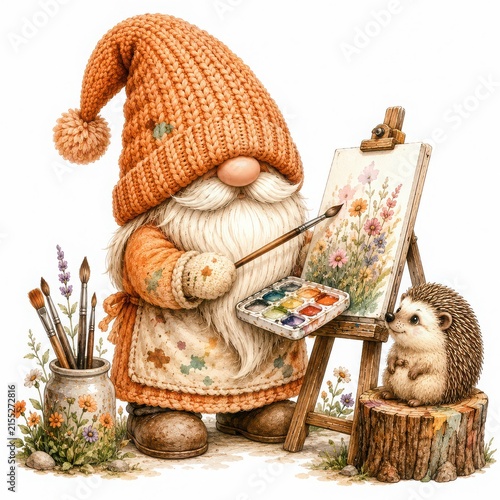 Gnome Artist Painting Flowers with Hedgehog in Colorful Scene