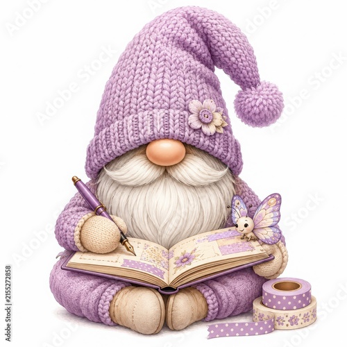 Cozy Gnome with Notebook and Butterfly in Pastel Purple Tones
