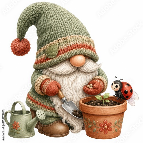 Whimsical garden gnome with watering can and ladybug in spring planting