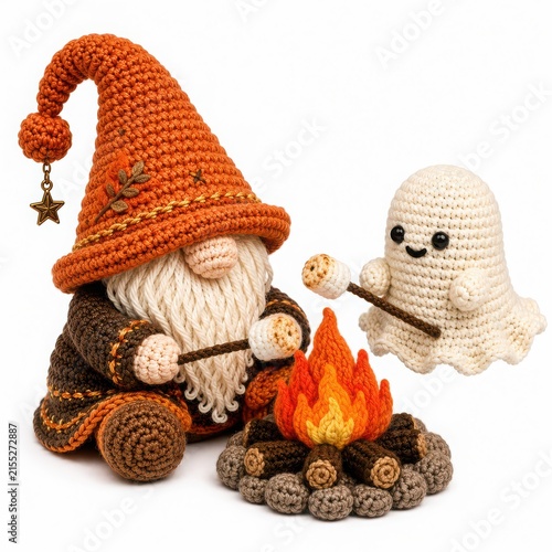 Cute Crochet Gnome and Ghost at Campfire with Marshmallows