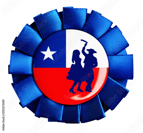 Photography Blue rosette featuring chilean flag and traditional cueca dancers, symbolizing p