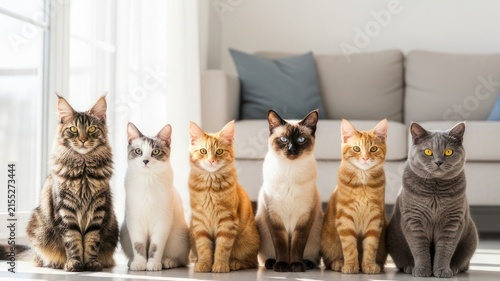 Six Different Cat Breeds Sitting in a Row