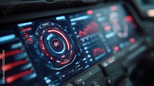 Display screen shows data and graphics in a high-tech vehicle cockpit with controls and readouts visible