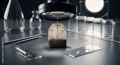 Scientific inspection of herbal tea bag under laboratory microscope lens