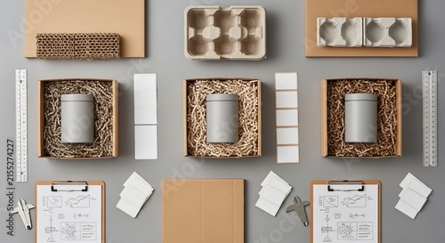 Sustainable packaging flat lay with cardboard boxes and jars on grey background