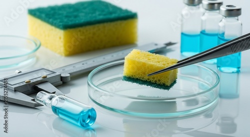 tweezers holding sponge piece over dish in lab setting