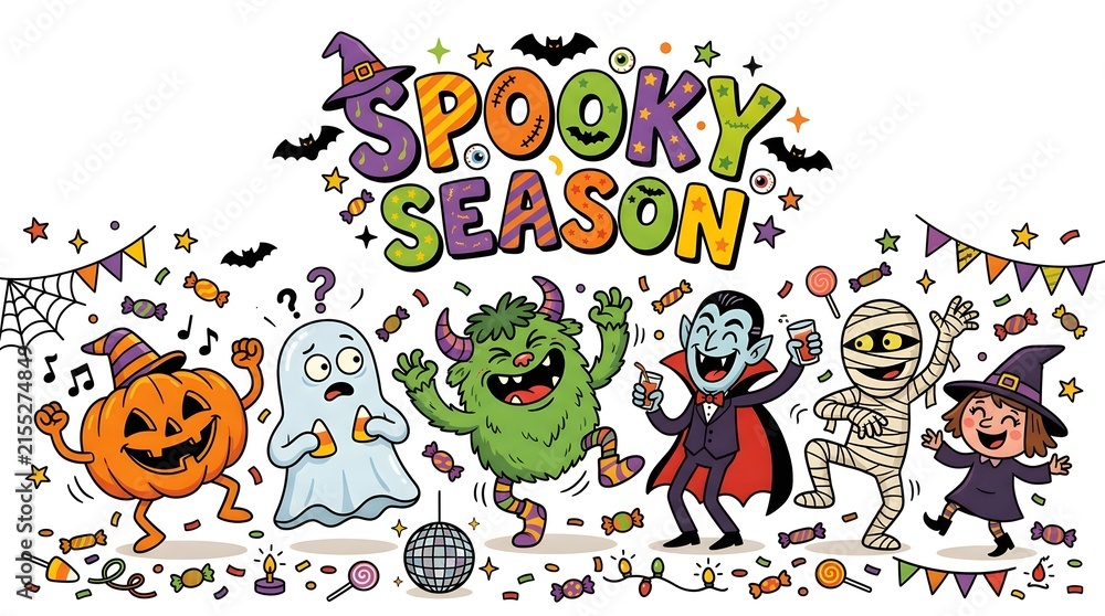 Fototapeta premium Spooky season halloween with dancing cartoon characters, including a pumpkin, ghost, monster, vampire, mummy, and witch