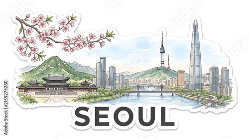 Seoul skyline, watercolor sticker, pastel blue tones, travel concept