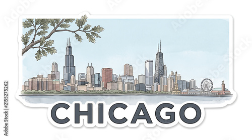 Chicago skyline, watercolor sticker, pastel blue tones, travel concept