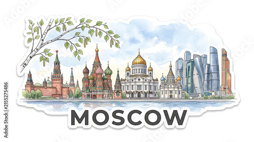 Moscow skyline, watercolor sticker, pastel blue tones, travel concept