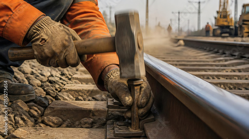 Railway Worker Secures Track with Hammer and Spike for Infrastructure Maintenance