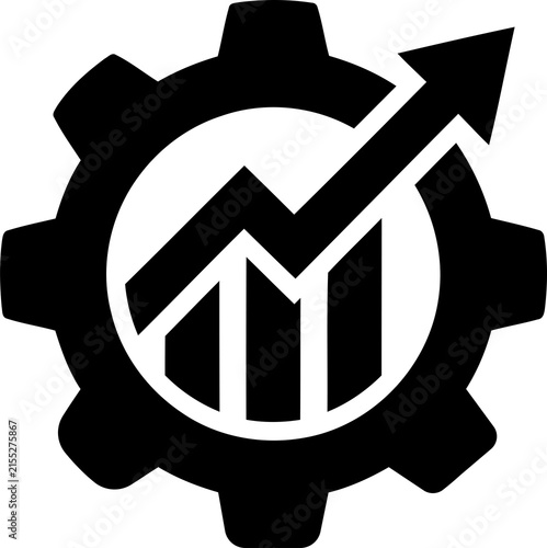 Black gear icon with a growing financial growth chart arrow isolated on transparent background