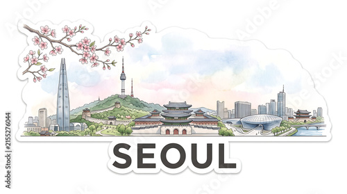 Seoul skyline, watercolor sticker, pastel blue tones, travel concept