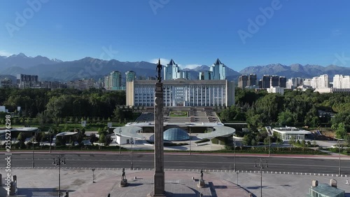 View from a quadcopper of Republic Square and the Akimat (City Hall) of the Kazakh city of Almaty on an summer morning