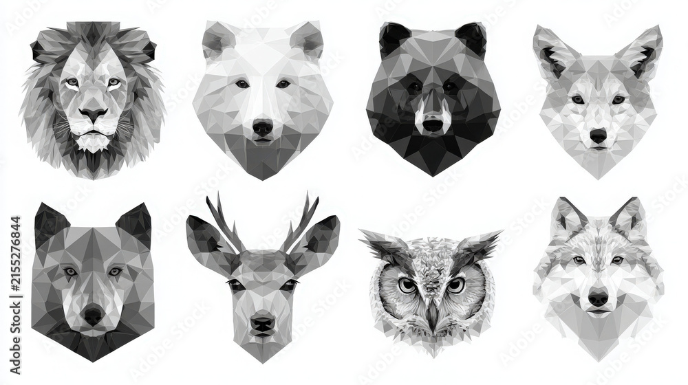 Fototapeta premium Monochrome geometric animal faces collection set with geometric polygonal wildlife monochrome collection