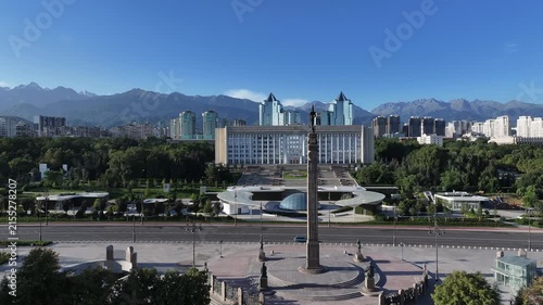 View from a quadcopper of Republic Square and the Akimat (City Hall) of the Kazakh city of Almaty on an summer morning