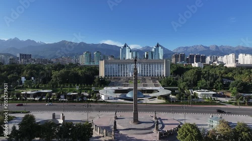 View from a quadcopper of Republic Square and the Akimat (City Hall) of the Kazakh city of Almaty on an summer morning