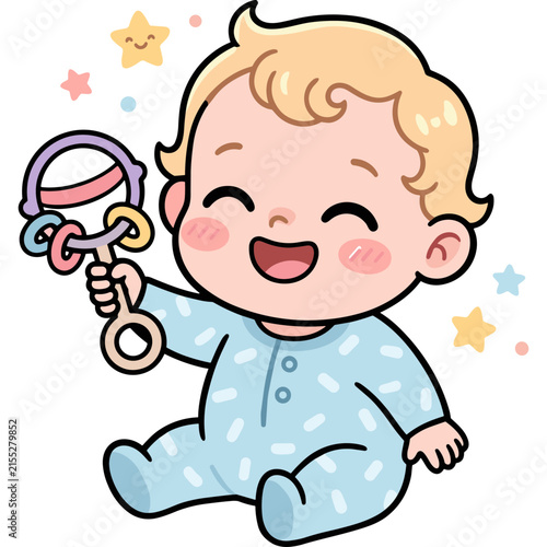 Adorable Baby with Rattle: A cute cartoon baby wearing blue pajamas and holding a colorful rattle, surrounded by cheerful stars, radiating innocence and joy.
