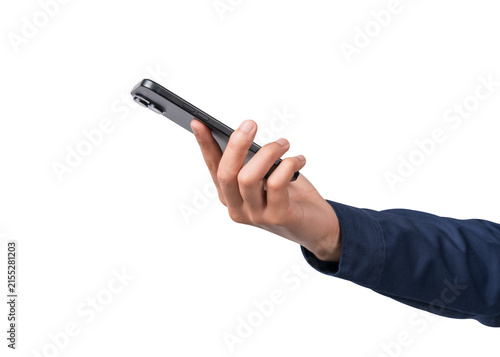 Close-up rear view of a male hand holding a modern black smartphone mockup, perfectly isolated on a transparent background. Back side of mobile phone mockup showing empty copy space.