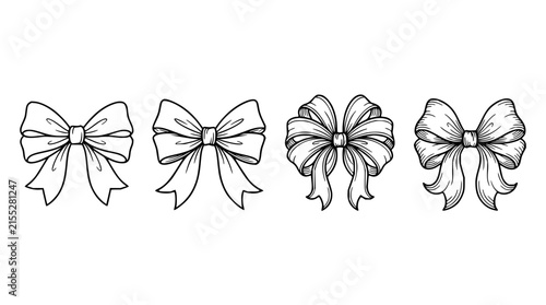 Ribbon bow set with four distinct styles featuring flat lay arrangement with gold, silver, blue, and red ribbons with decorative knots and curls