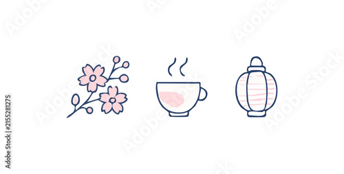 Japanese Sakura Tea Illustration with Cherry Blossoms and Traditional Lantern