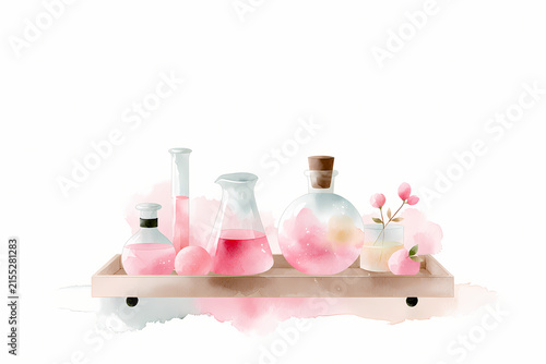 Colorful laboratory glassware mixing liquids for creative design on white background