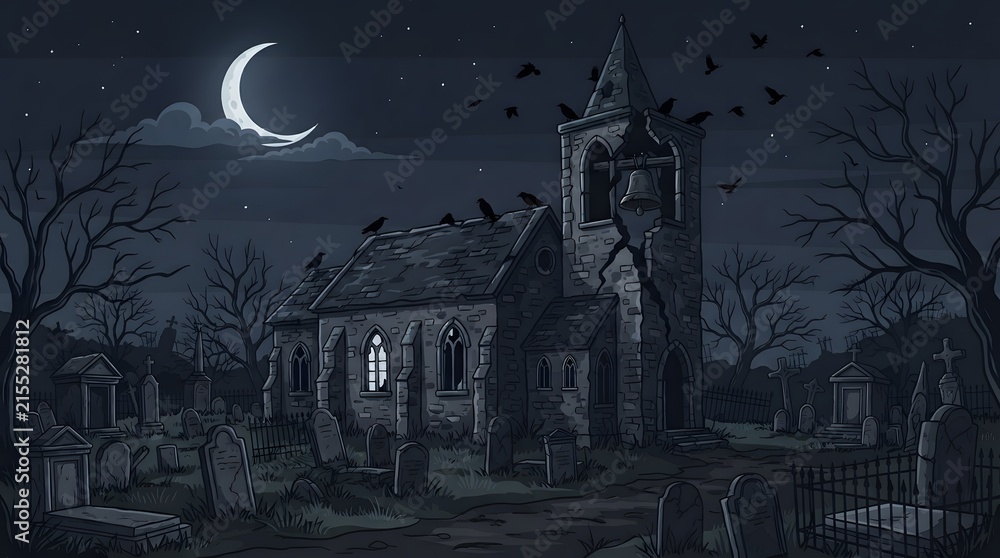 Fototapeta premium Spooky abandoned church in graveyard at night with crescent moon