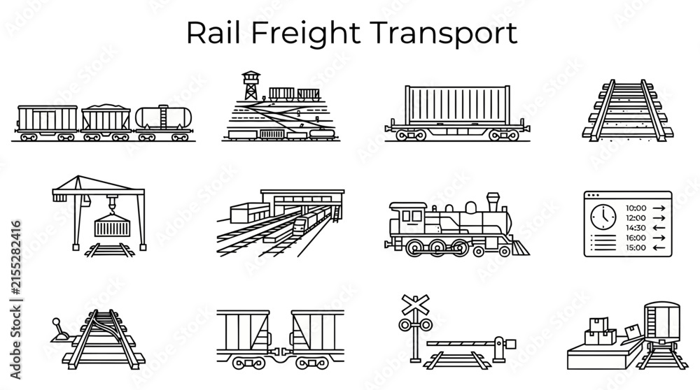 Fototapeta premium A grid of twelve black and white lineart icons depicting components and infrastructure of rail freight transport