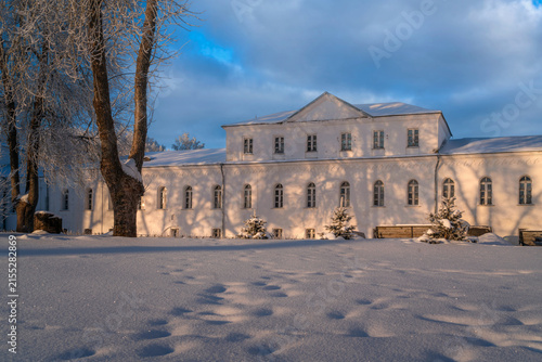 Archimandrite's Corps of the St. George (Yuriev) Monastery on a sunny winter day, Veliky Novgorod, Russia