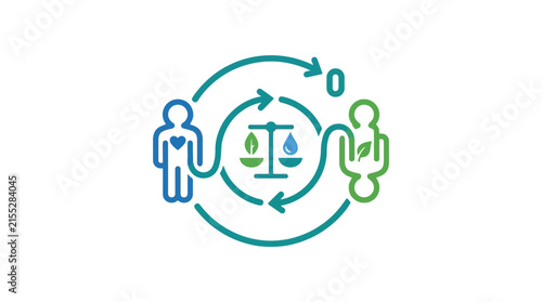 Circular icon with balance scale and human figures.
