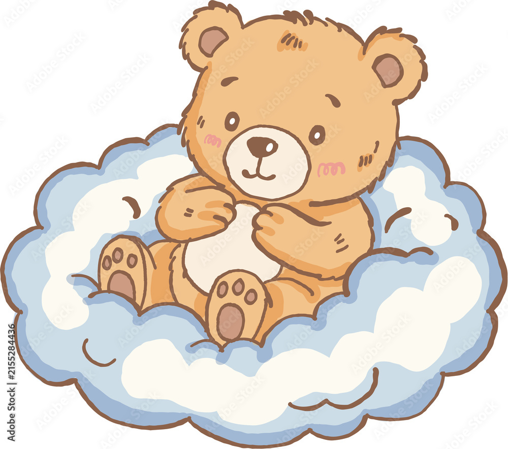 Fototapeta premium Cute bear sitting on soft cloud with gentle expression and warm colors, creating cozy and peaceful feeling
