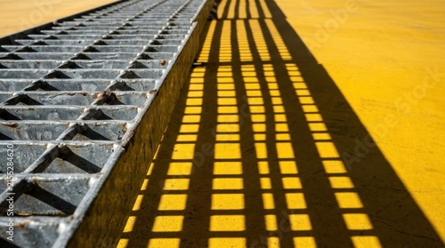 Abstract Close Up Of Industrial Metal Grating And Long Shadow Cast On Bright Yellow Painted Surface Showing Geometric Lines And Contrast Texture