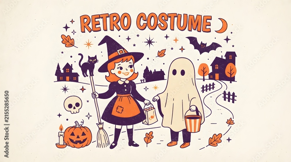 Fototapeta premium Retro halloween illustration with witch and ghost