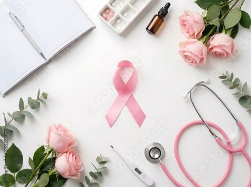 Flat lay composition with pink breast cancer awareness ribbon stethoscope roses notepad and medical supplies on white background.