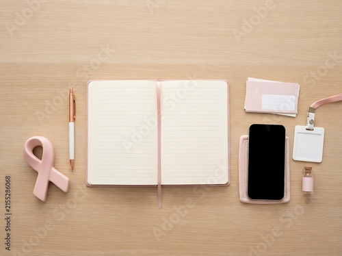 Minimalist top view arrangement of open blank lined notebook pen mobile phone identification badge and pink ribbon on wood surface.