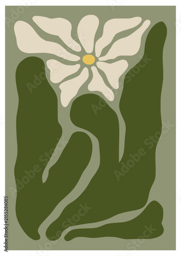 Retro floral art print in sage green, vintage botanical poster with abstract flower, groovy 70s style wall art vector