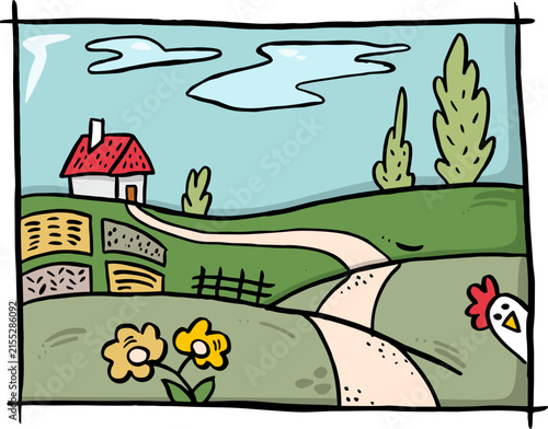Hand drawn countryside landscape vector illustration, rustic farm house on green hills, scenic rural nature background with winding path