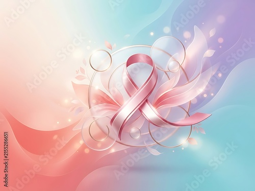 Abstract pink breast cancer awareness ribbon artistic graphic with glowing circles and soft pastel waves for medical healthcare.