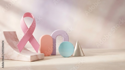 Minimalist 3d composition with pink awareness ribbon and geometric shapes on marble podium against soft neutral studio setting.